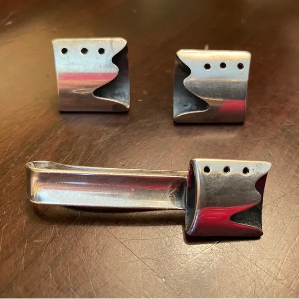 Vintage Sterling Silver Cufflinks & Tie Clip Set Signed
